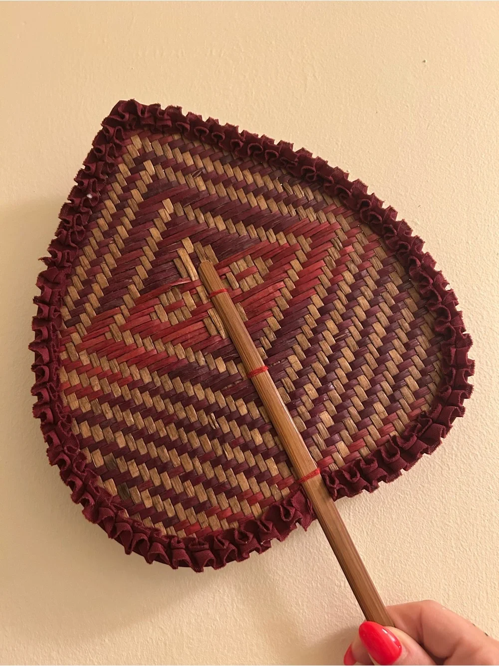 Handwoven Woven Palm Fan in Burgundy and Natural